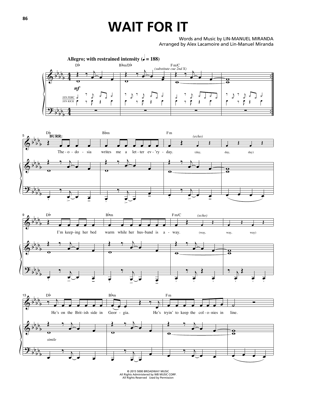 Lin-Manuel Miranda Wait For It (from Hamilton) Sheet Music Notes & Chords for Lyrics & Chords - Download or Print PDF