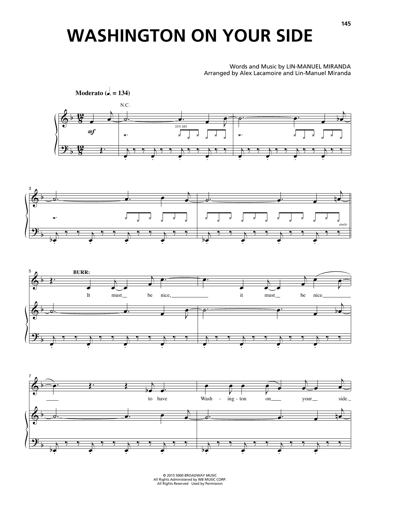 Lin-Manuel Miranda Washington On Your Side (from Hamilton) Sheet Music Notes & Chords for Piano & Vocal - Download or Print PDF