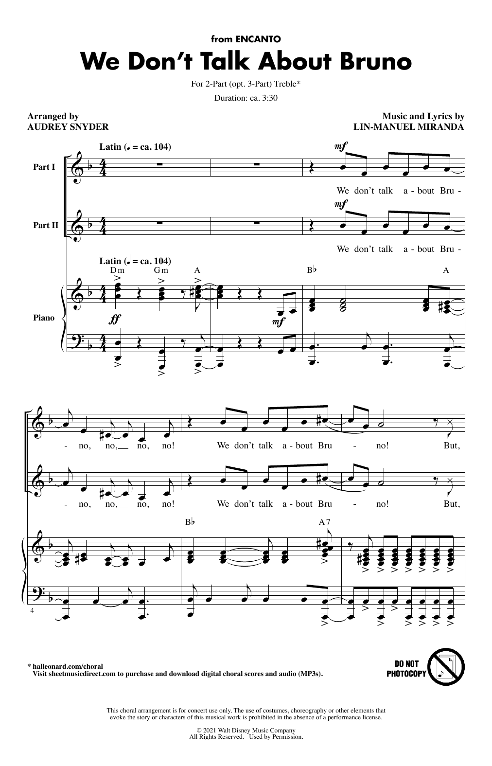Lin-Manuel Miranda We Don't Talk About Bruno (arr. Audrey Snyder) Sheet Music Notes & Chords for 2-Part Choir, 3-Part Mixed Choir - Download or Print PDF