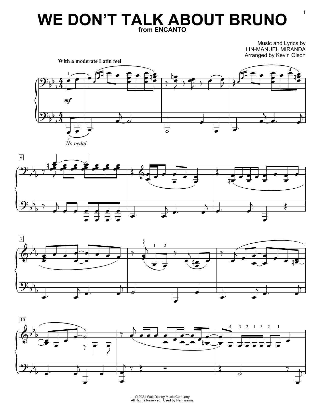 Lin-Manuel Miranda We Don't Talk About Bruno (from Encanto) (arr. Kevin Olson) Sheet Music Notes & Chords for Easy Piano Solo - Download or Print PDF