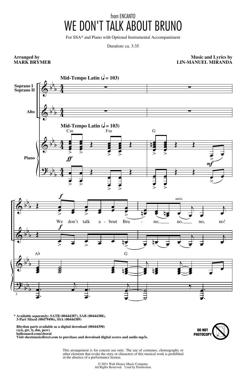 Lin-Manuel Miranda We Don't Talk About Bruno (from Encanto) (arr. Mark Brymer) Sheet Music Notes & Chords for SSA Choir - Download or Print PDF