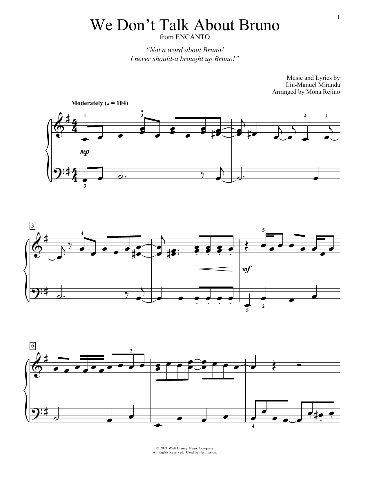 Lin-Manuel Miranda We Don't Talk About Bruno (from Encanto) (arr. Mona Rejino) Sheet Music Notes & Chords for Educational Piano - Download or Print PDF