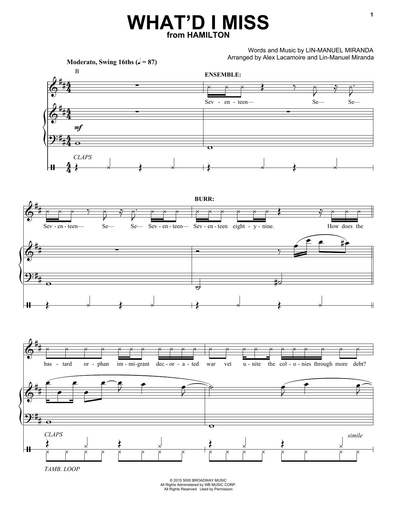 Lin-Manuel Miranda What'd I Miss (from Hamilton) Sheet Music Notes & Chords for Violin Solo - Download or Print PDF
