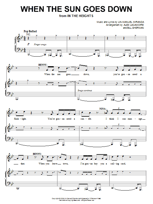 Lin-Manuel Miranda When The Sun Goes Down (from In The Heights: The Musical) Sheet Music Notes & Chords for Piano, Vocal & Guitar (Right-Hand Melody) - Download or Print PDF