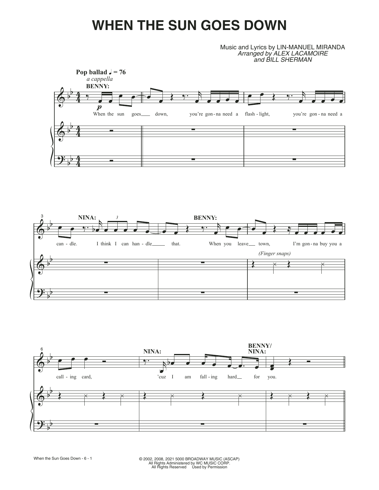 Lin-Manuel Miranda When The Sun Goes Down (from the Motion Picture In The Heights) Sheet Music Notes & Chords for Piano, Vocal & Guitar - Download or Print PDF