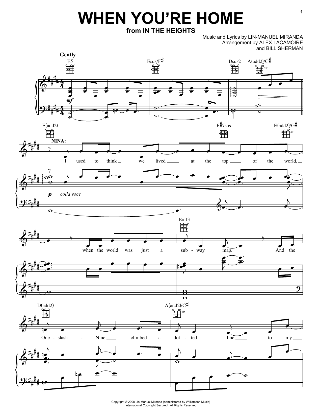 Lin-Manuel Miranda When You're Home (from In The Heights: The Musical) Sheet Music Notes & Chords for Piano, Vocal & Guitar (Right-Hand Melody) - Download or Print PDF