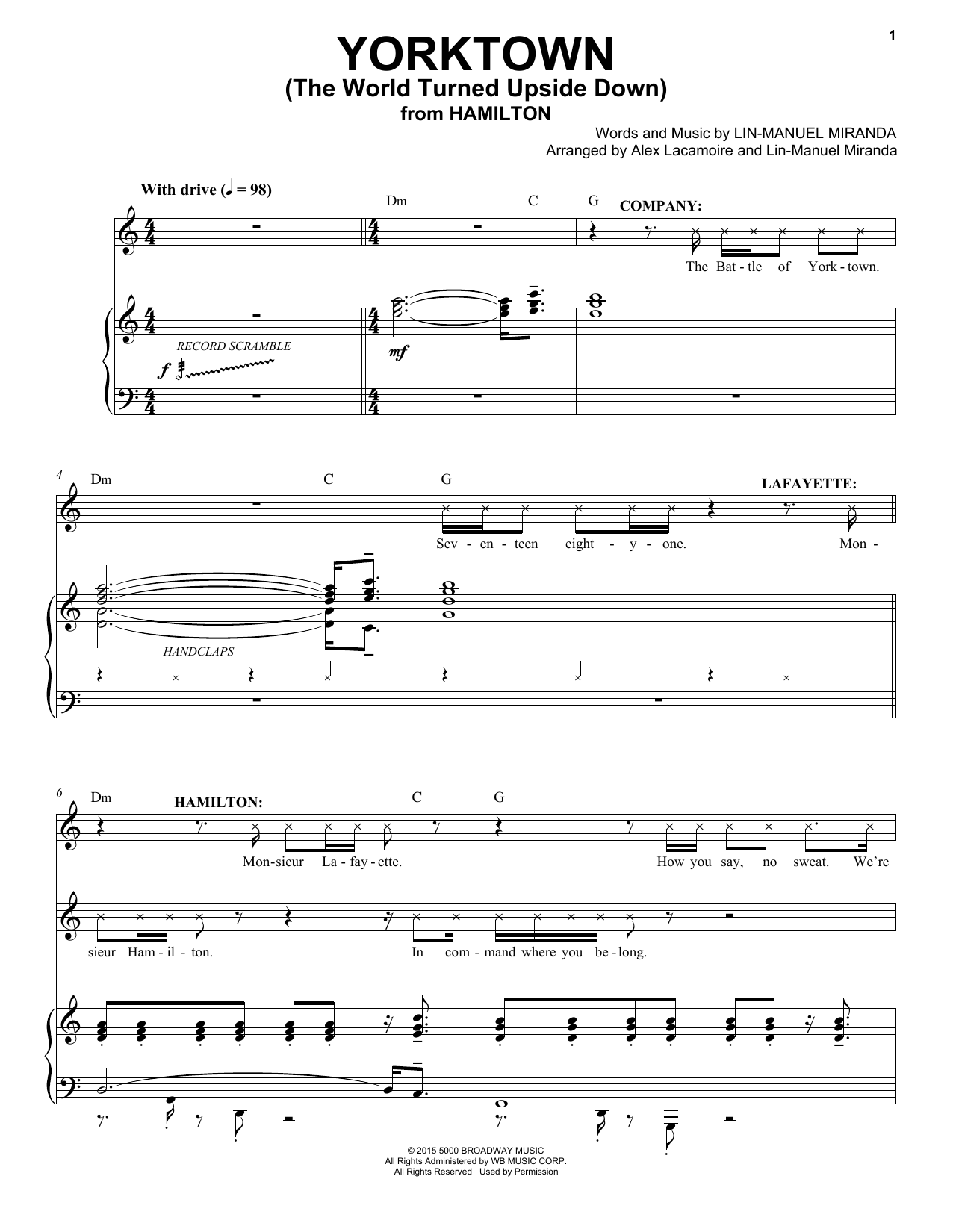 Lin-Manuel Miranda Yorktown (The World Turned Upside Down) (from Hamilton) Sheet Music Notes & Chords for Piano & Vocal - Download or Print PDF