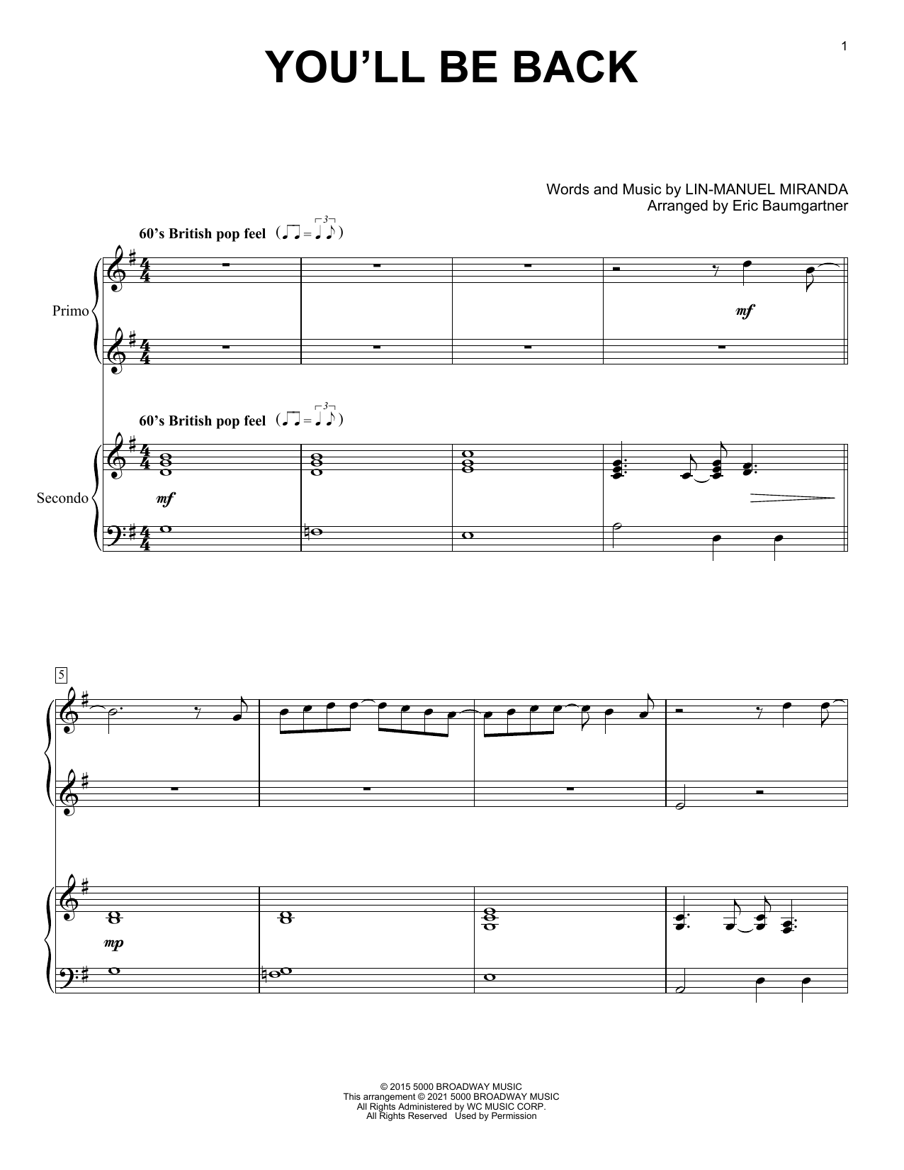 Lin-Manuel Miranda You'll Be Back (from Hamilton) (arr. Eric Baumgartner) Sheet Music Notes & Chords for Piano Duet - Download or Print PDF