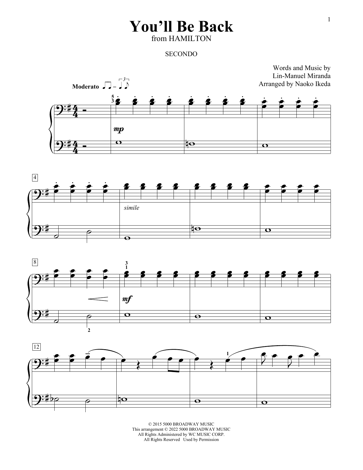 Lin-Manuel Miranda You'll Be Back (from Hamilton) (arr. Naoko Ikeda) Sheet Music Notes & Chords for Piano Duet - Download or Print PDF