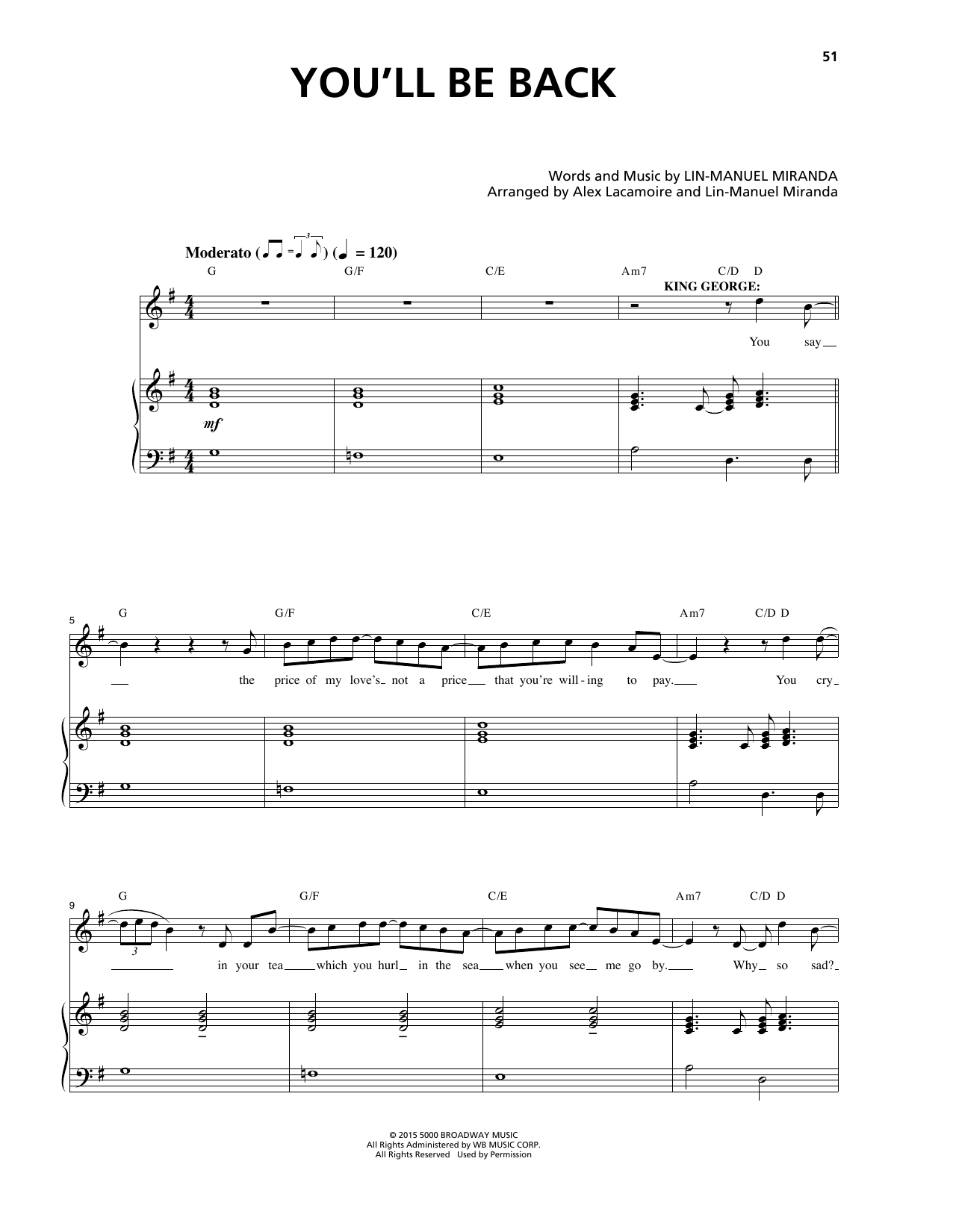 Lin-Manuel Miranda You'll Be Back (from Hamilton) Sheet Music Notes & Chords for Piano, Vocal & Guitar (Right-Hand Melody) - Download or Print PDF