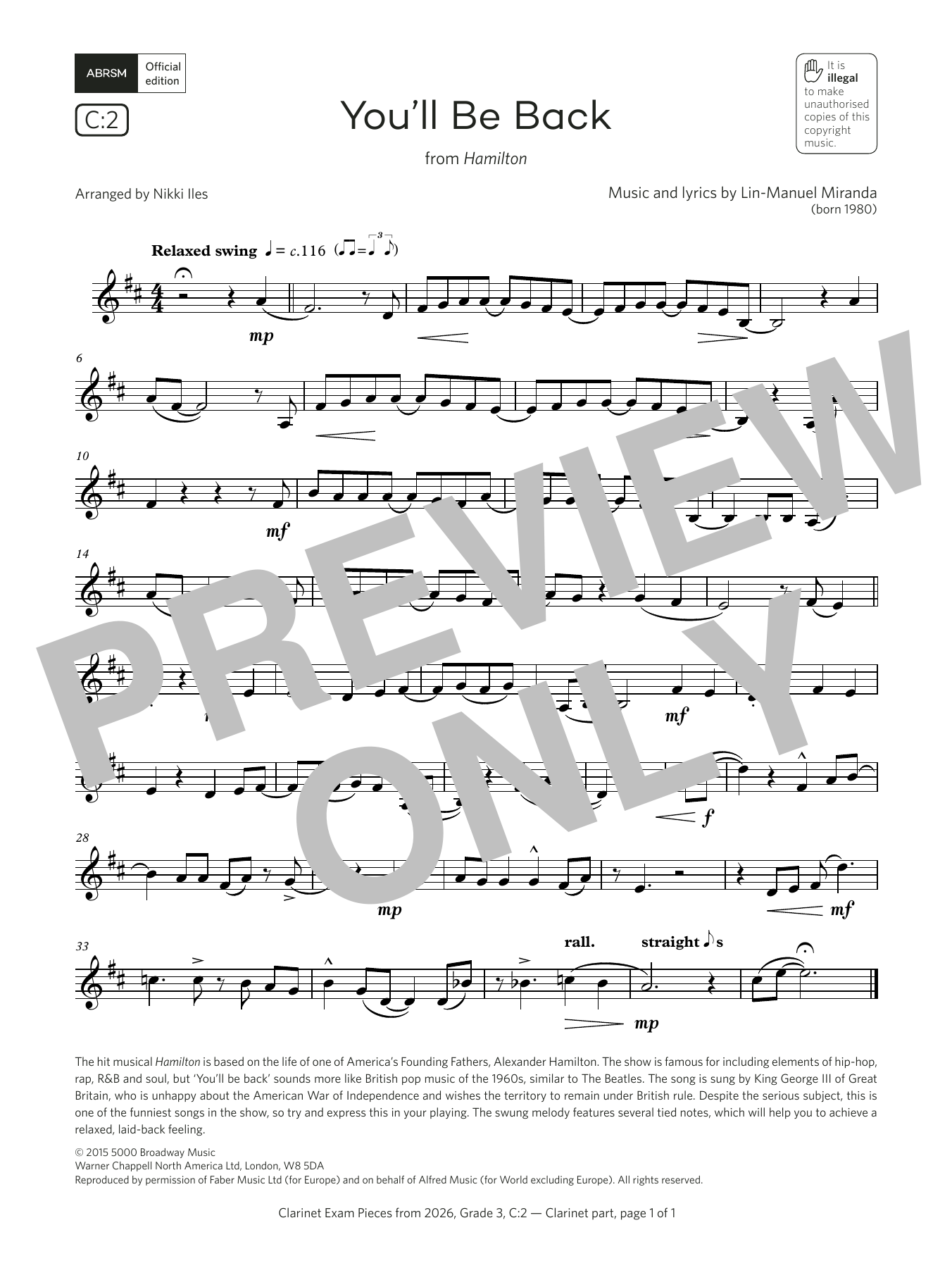 Lin-Manuel Miranda You'll Be Back (Grade 3, list C2, from the ABRSM Clarinet Syllabus from 2026) Sheet Music Notes & Chords for Clarinet Solo - Download or Print PDF Lin-Manuel Miranda You'll Be Back (Grade 3, list C2, from the ABRSM Clarinet Syllabus from 2026) Sheet Music Notes & Chords for Clarinet Solo - Download or Print PDF