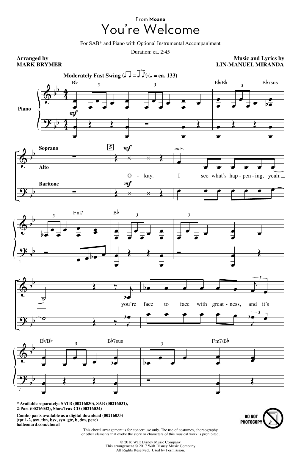 Lin-Manuel Miranda You're Welcome (from Moana) (arr. Mark Brymer) Sheet Music Notes & Chords for 2-Part Choir - Download or Print PDF