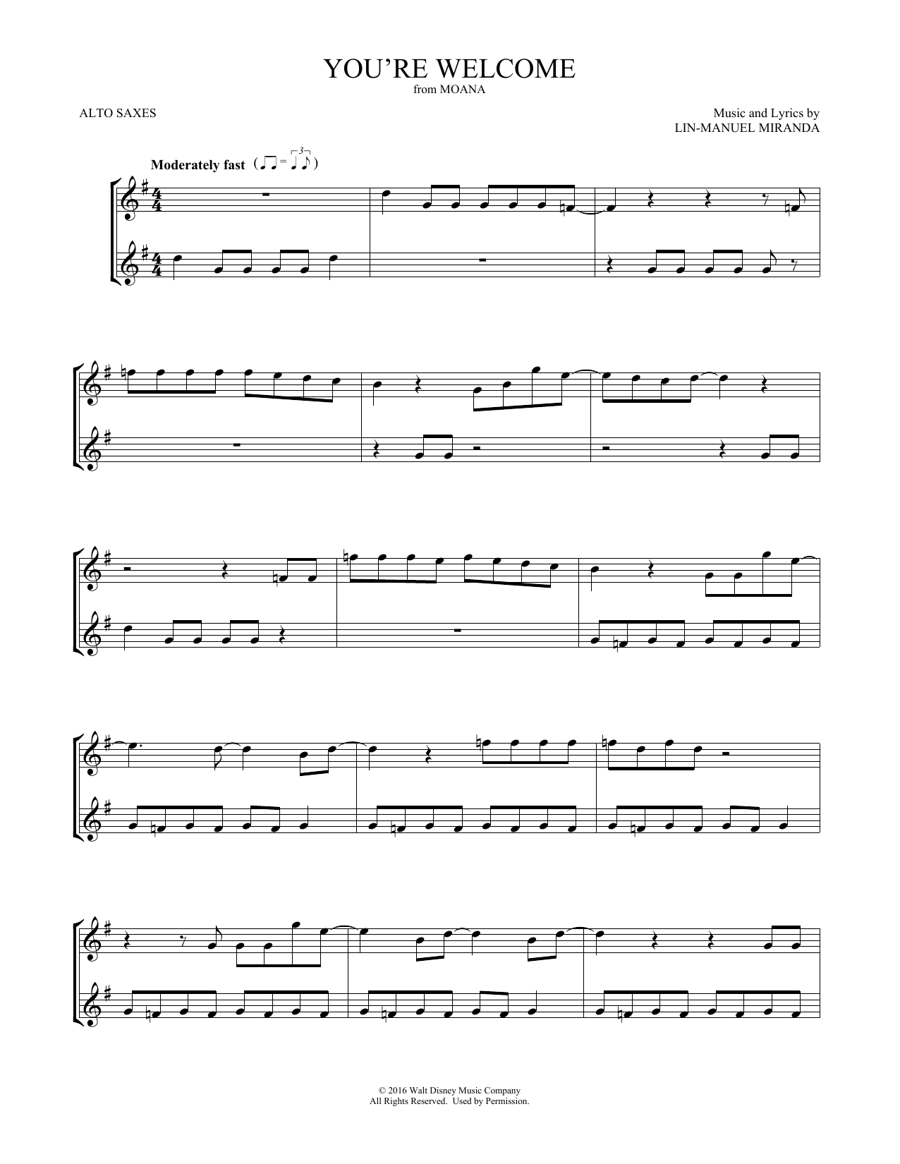 Lin-Manuel Miranda You're Welcome (from Moana) (arr. Mark Phillips) Sheet Music Notes & Chords for Violin Duet - Download or Print PDF