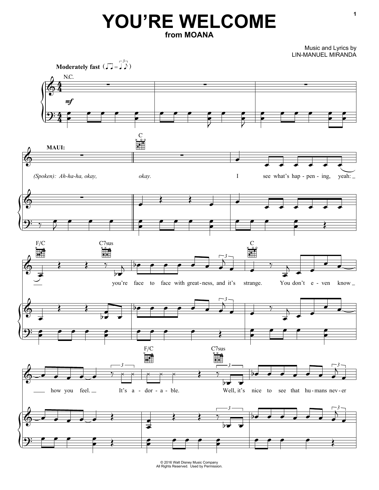 Lin-Manuel Miranda You're Welcome (from Moana) sheet music notes and chords. Download Printable PDF.
