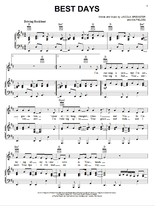 Lincoln Brewster Best Days Sheet Music Notes & Chords for Piano, Vocal & Guitar (Right-Hand Melody) - Download or Print PDF Lincoln Brewster Best Days Sheet Music Notes & Chords for Piano, Vocal & Guitar (Right-Hand Melody) - Download or Print PDF
