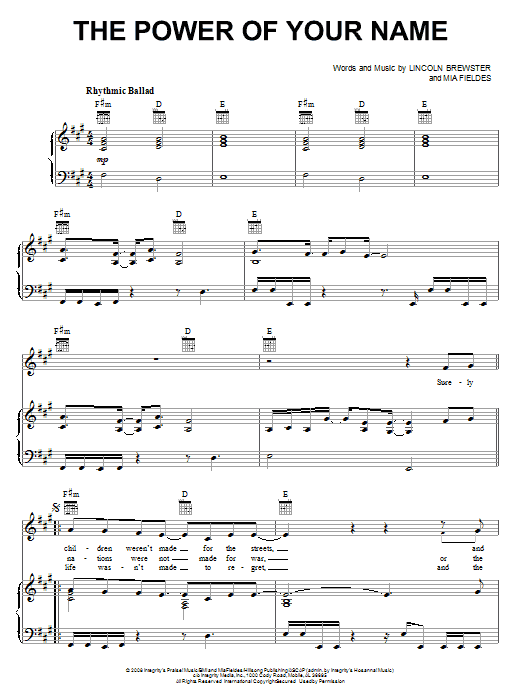Lincoln Brewster The Power Of Your Name Sheet Music Notes & Chords for Piano, Vocal & Guitar (Right-Hand Melody) - Download or Print PDF Lincoln Brewster The Power Of Your Name Sheet Music Notes & Chords for Piano, Vocal & Guitar (Right-Hand Melody) - Download or Print PDF