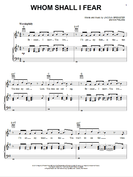 Lincoln Brewster Whom Shall I Fear Sheet Music Notes & Chords for Piano, Vocal & Guitar (Right-Hand Melody) - Download or Print PDF Lincoln Brewster Whom Shall I Fear Sheet Music Notes & Chords for Piano, Vocal & Guitar (Right-Hand Melody) - Download or Print PDF