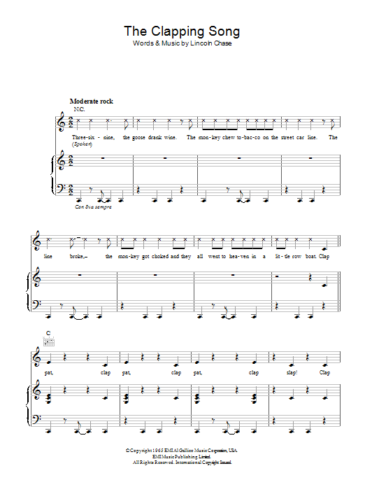 Lincoln Chase The Clapping Song Sheet Music Notes & Chords for Piano, Vocal & Guitar (Right-Hand Melody) - Download or Print PDF