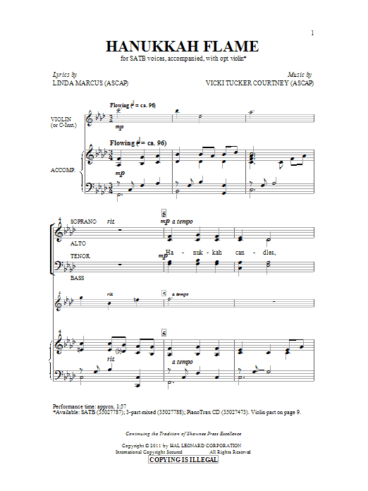 Linda Marcus Hanukkah Flame Sheet Music Notes & Chords for SATB - Download or Print PDF