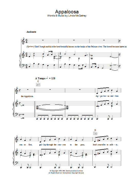 Linda McCartney Appaloosa Sheet Music Notes & Chords for Piano, Vocal & Guitar (Right-Hand Melody) - Download or Print PDF