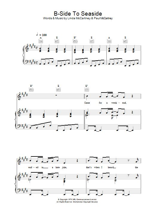 Linda McCartney B-Side To Seaside Sheet Music Notes & Chords for Piano, Vocal & Guitar (Right-Hand Melody) - Download or Print PDF