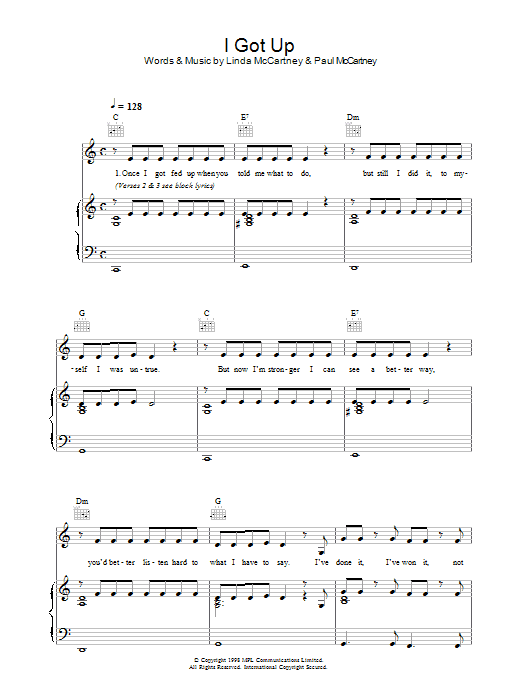 Linda McCartney I Got Up Sheet Music Notes & Chords for Piano, Vocal & Guitar (Right-Hand Melody) - Download or Print PDF