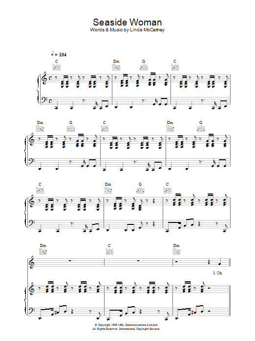 Linda McCartney Seaside Woman Sheet Music Notes & Chords for Piano, Vocal & Guitar (Right-Hand Melody) - Download or Print PDF Linda McCartney Seaside Woman Sheet Music Notes & Chords for Piano, Vocal & Guitar (Right-Hand Melody) - Download or Print PDF