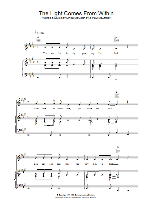 Linda McCartney The Light Comes From Within Sheet Music Notes & Chords for Piano, Vocal & Guitar (Right-Hand Melody) - Download or Print PDF