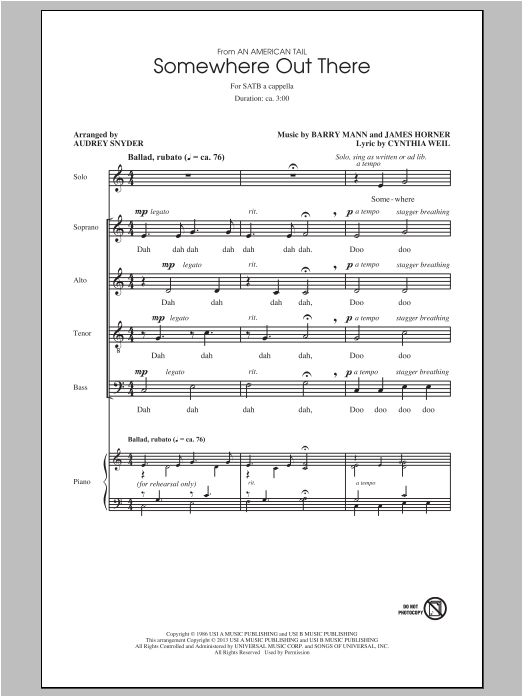 Linda Ronstadt & James Ingram Somewhere Out There (from An American Tail) (arr. Audrey Snyder) Sheet Music Notes & Chords for SATB - Download or Print PDF