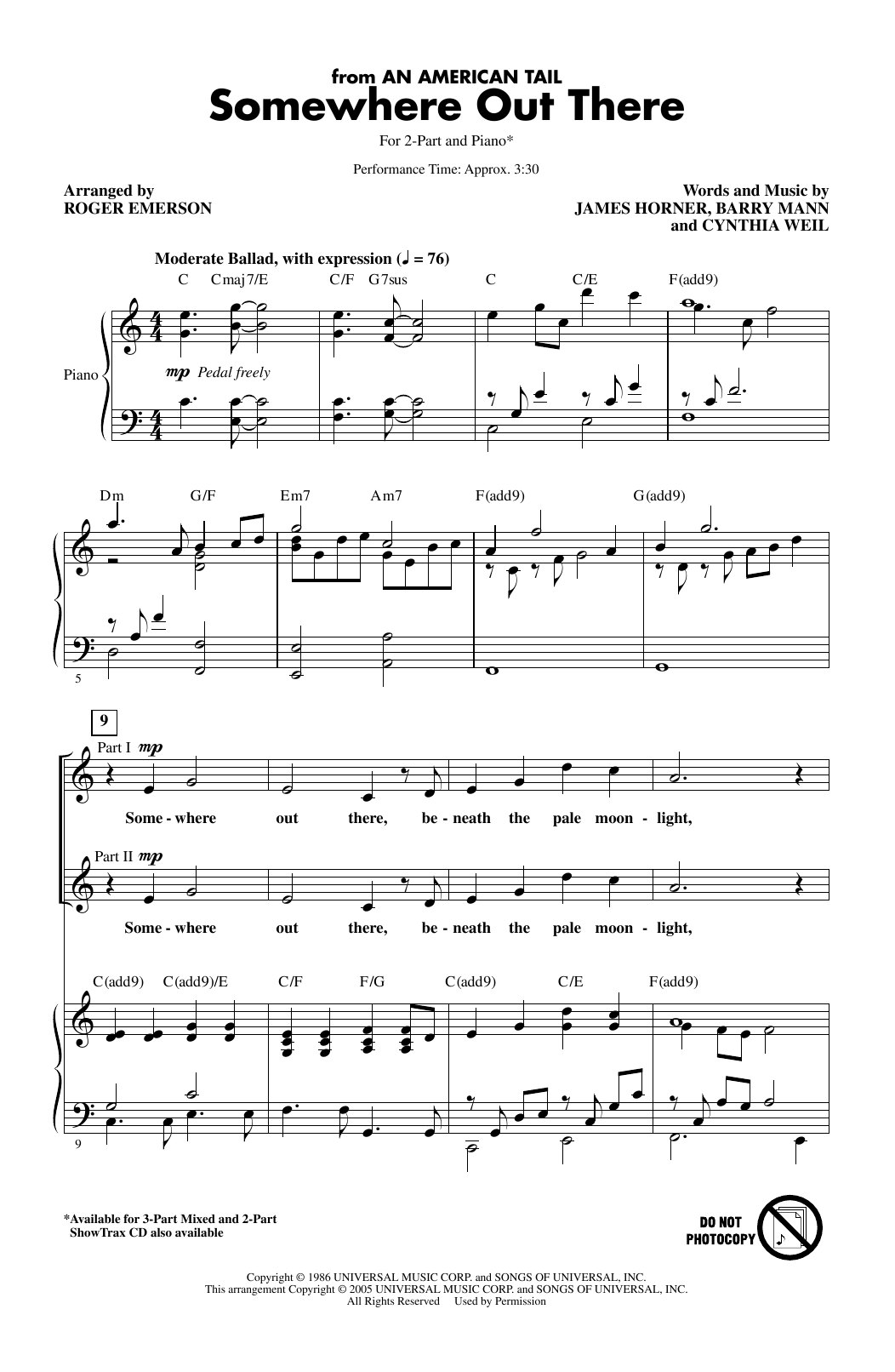 Linda Ronstadt & James Ingram Somewhere Out There (from An American Tail) (arr. Roger Emerson) Sheet Music Notes & Chords for 2-Part Choir - Download or Print PDF