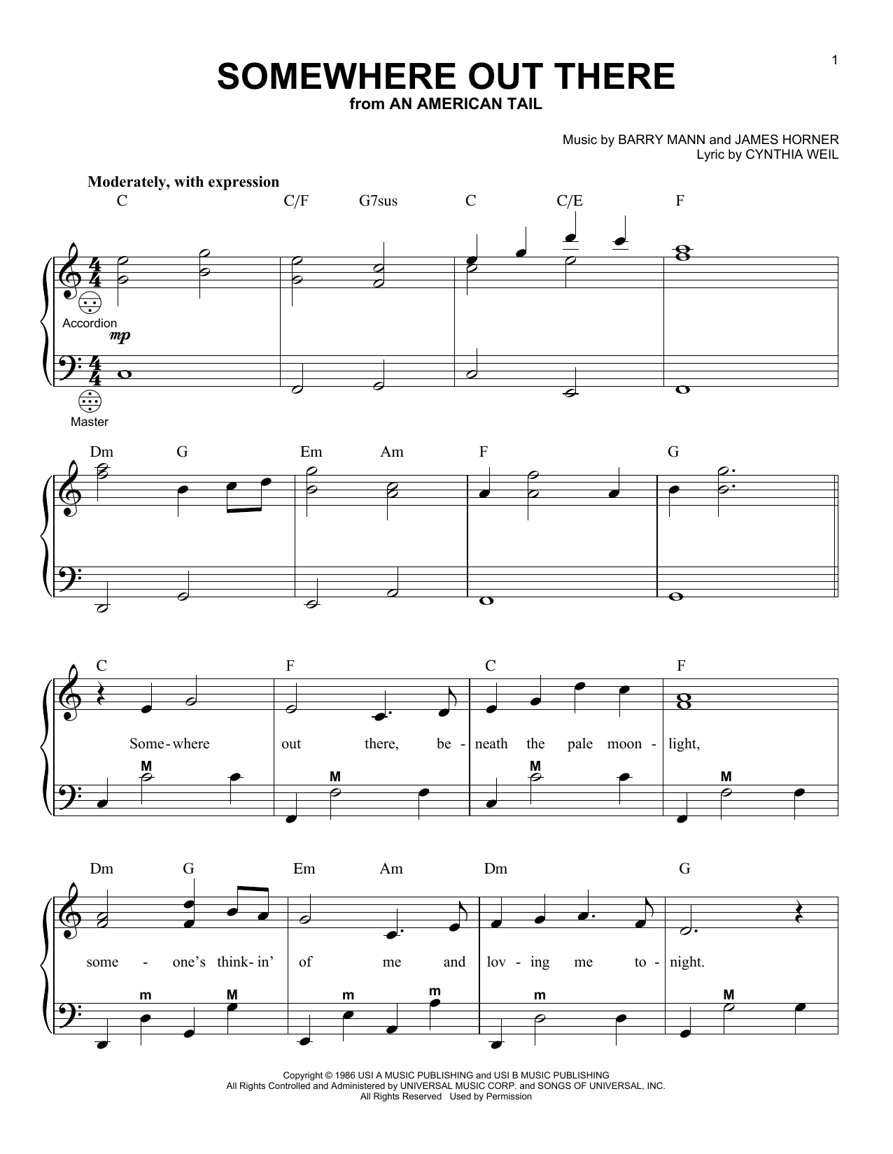Linda Ronstadt & James Ingram Somewhere Out There (from An American Tail) Sheet Music Notes & Chords for Accordion - Download or Print PDF