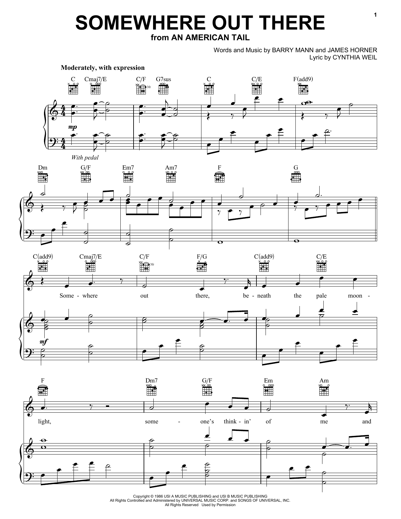 Linda Ronstadt & James Ingram Somewhere Out There Sheet Music Notes & Chords for Piano Solo - Download or Print PDF