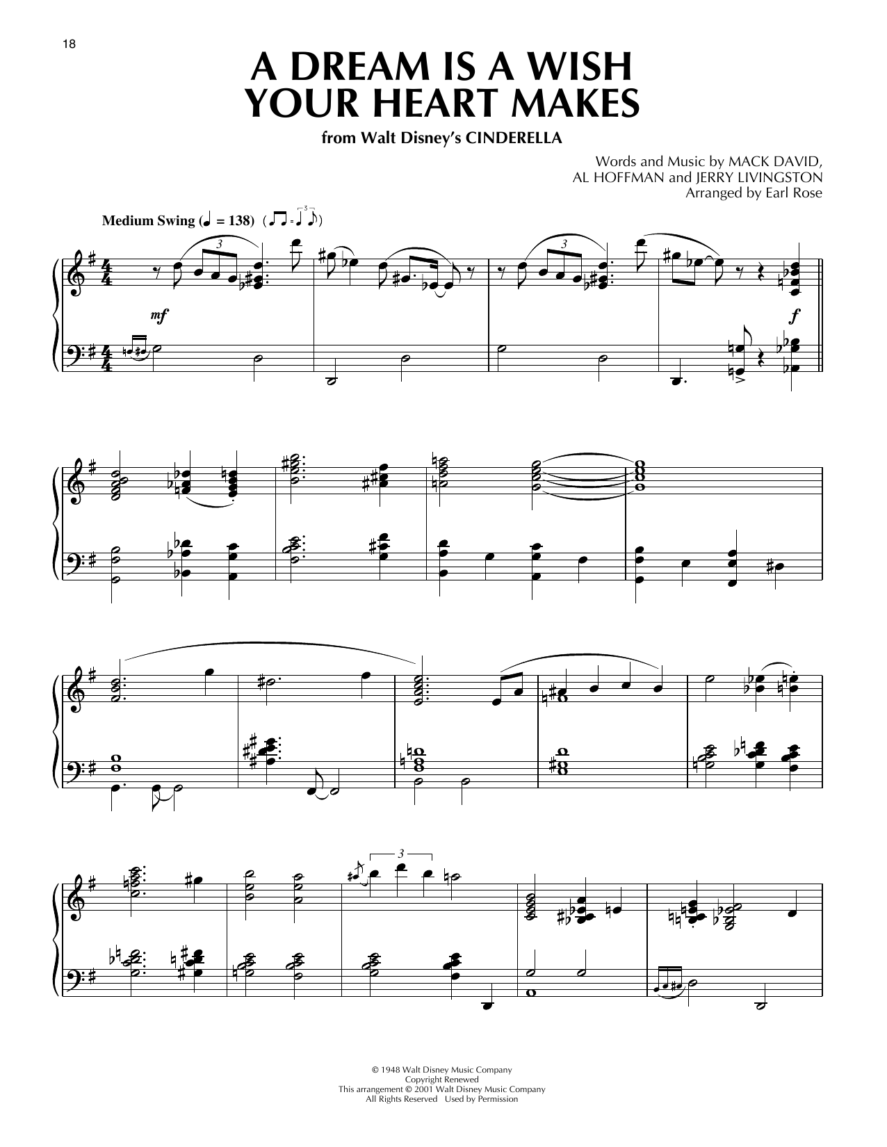Linda Ronstadt A Dream Is A Wish Your Heart Makes (from Cinderella) (arr. Earl Rose) Sheet Music Notes & Chords for Piano Solo - Download or Print PDF