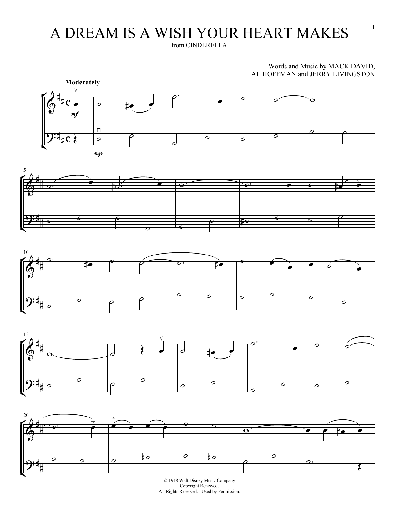 Linda Ronstadt A Dream Is A Wish Your Heart Makes (from Cinderella) (arr. Michelle Hynson) Sheet Music Notes & Chords for Instrumental Duet - Download or Print PDF