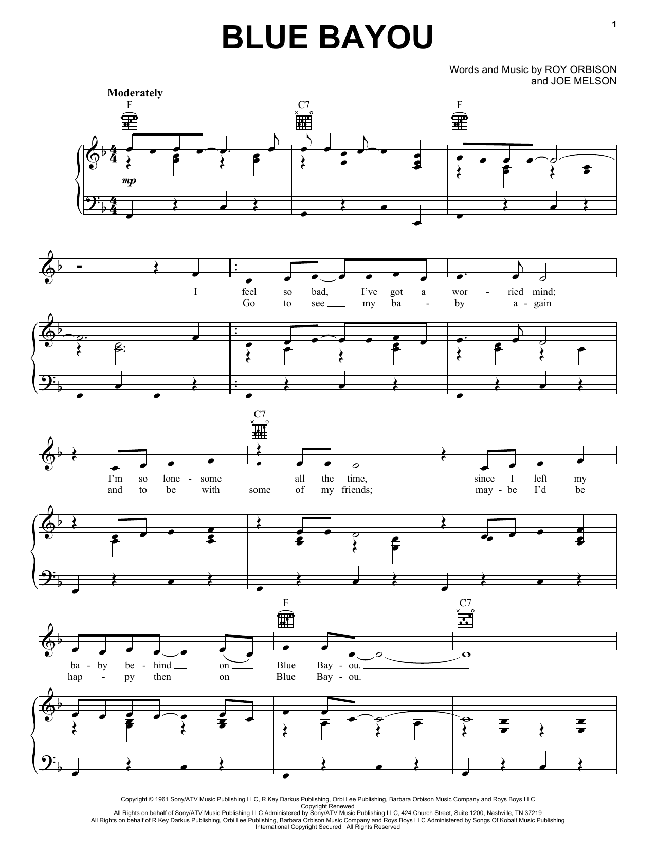 Linda Ronstadt Blue Bayou Sheet Music Notes & Chords for Easy Piano - Download or Print PDF