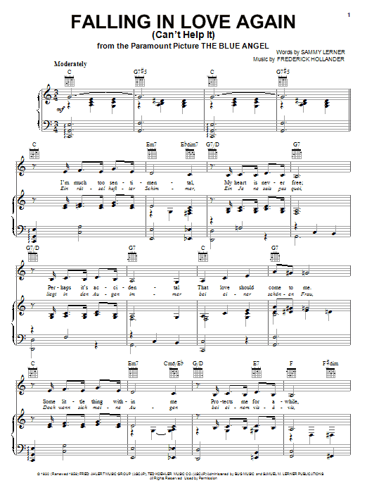 Linda Ronstadt Falling In Love Again (Can't Help It) Sheet Music Notes & Chords for Piano, Vocal & Guitar (Right-Hand Melody) - Download or Print PDF