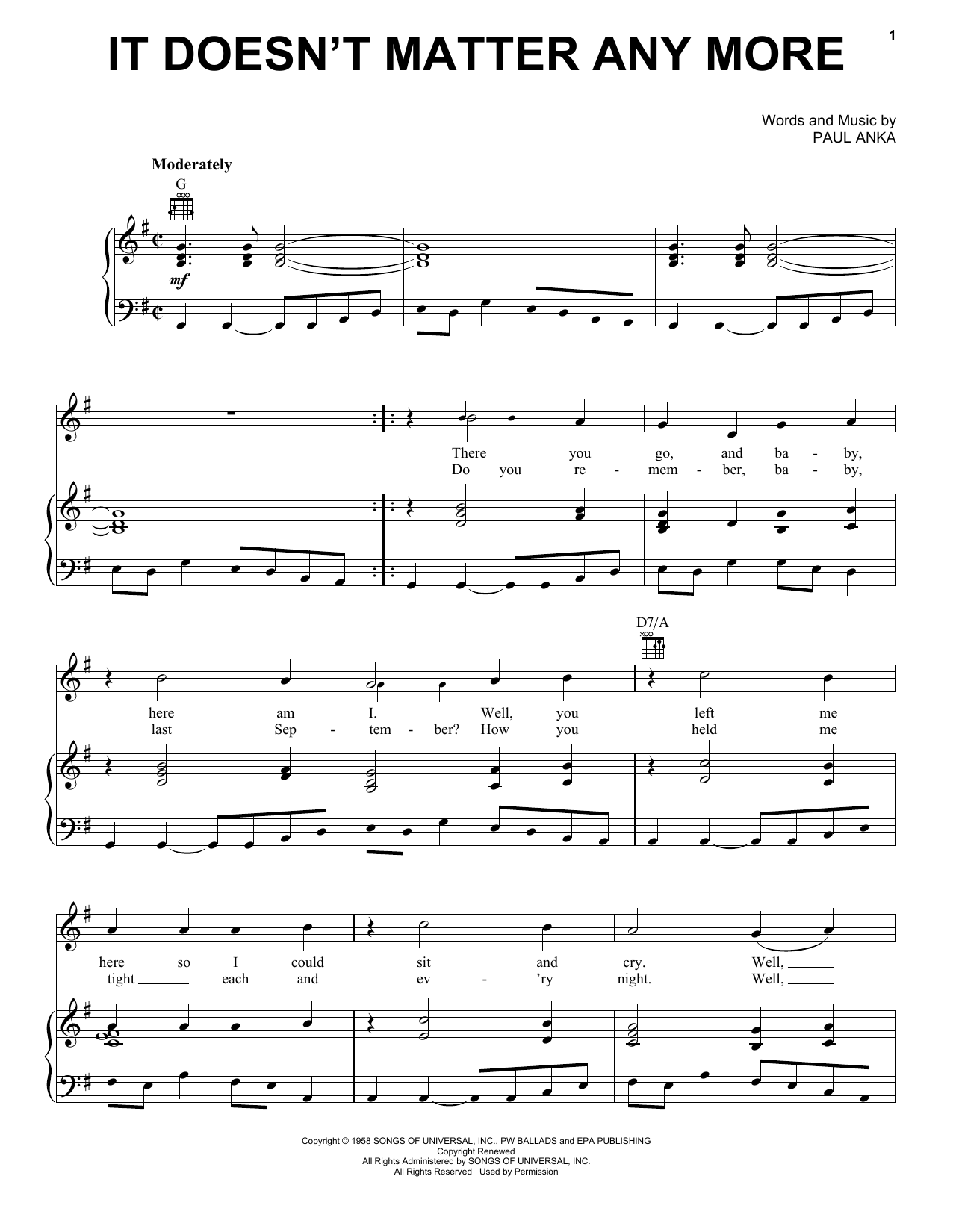 Linda Ronstadt It Doesn't Matter Anymore Sheet Music Notes & Chords for Piano, Vocal & Guitar Chords (Right-Hand Melody) - Download or Print PDF