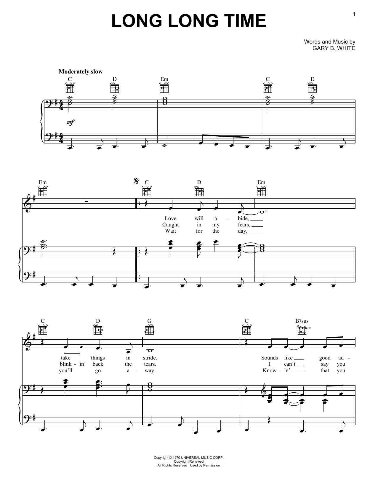 Linda Ronstadt Long Long Time Sheet Music Notes & Chords for Lyrics & Chords - Download or Print PDF
