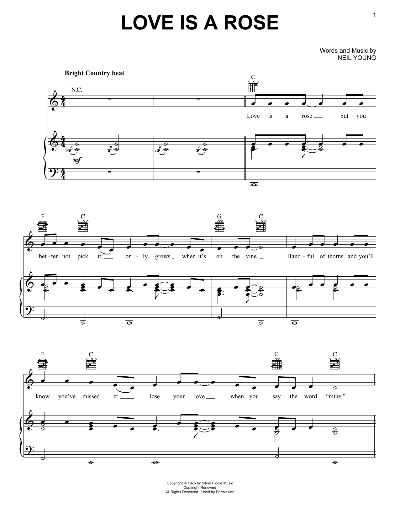 Linda Ronstadt Love Is A Rose Sheet Music Notes & Chords for Piano, Vocal & Guitar Chords (Right-Hand Melody) - Download or Print PDF