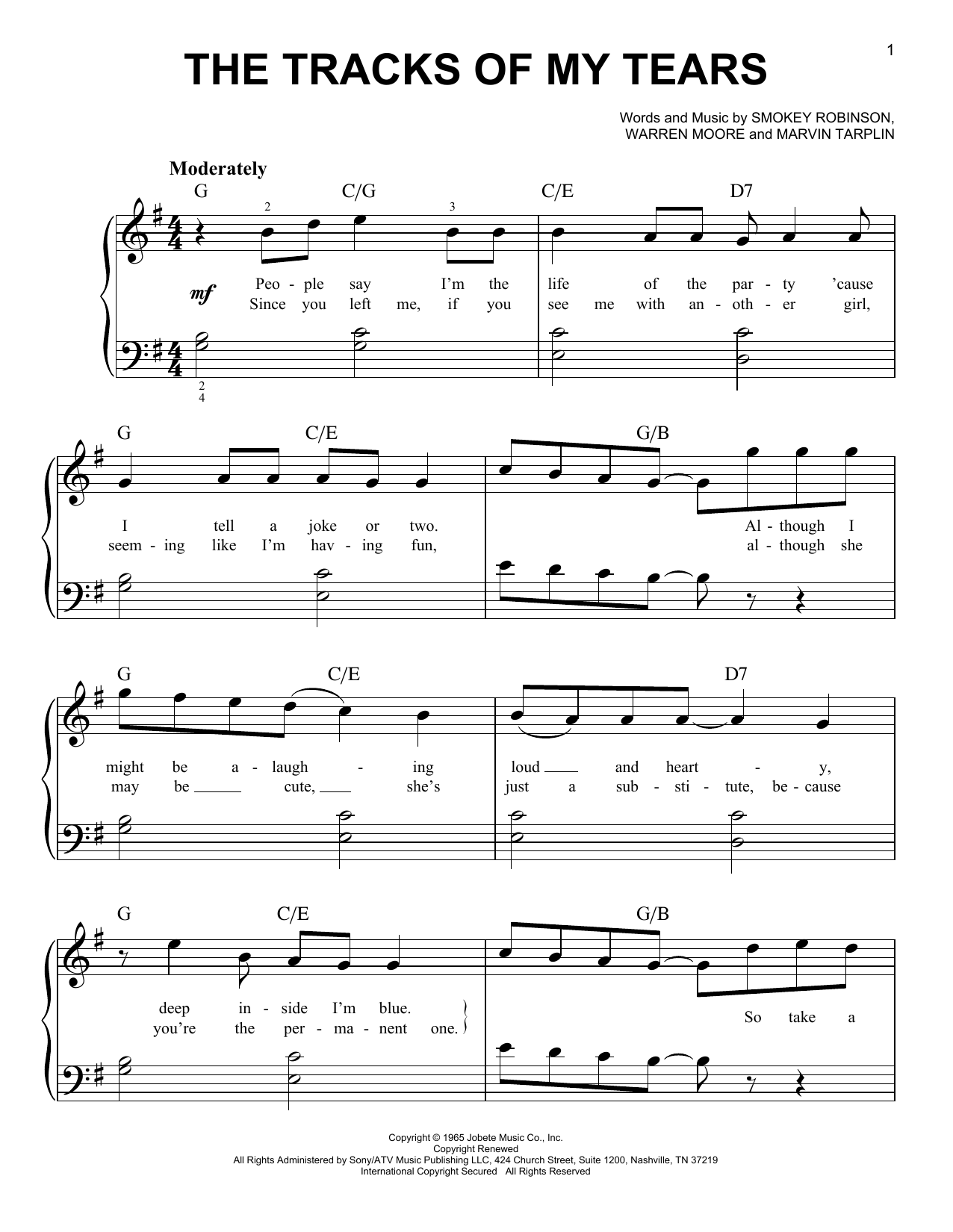 Linda Ronstadt The Tracks Of My Tears Sheet Music Notes & Chords for Easy Piano - Download or Print PDF
