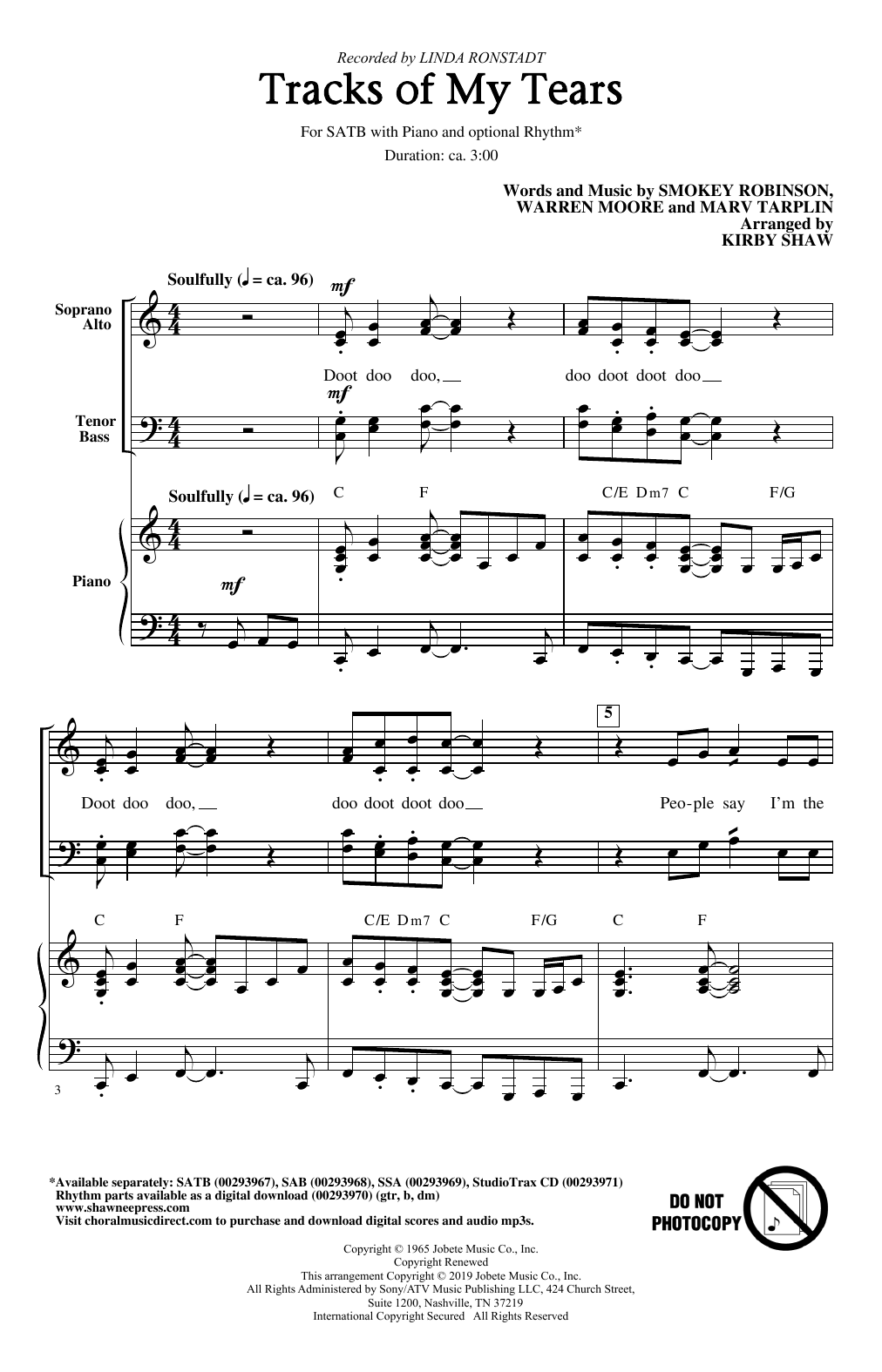 Linda Ronstadt Tracks Of My Tears (arr. Kirby Shaw) Sheet Music Notes & Chords for SAB Choir - Download or Print PDF