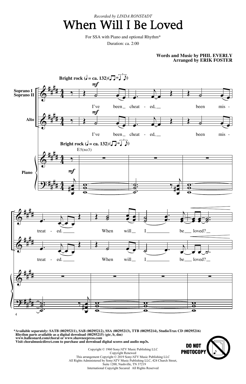 Linda Ronstadt When Will I Be Loved (arr. Erik Foster) Sheet Music Notes & Chords for SSA Choir - Download or Print PDF