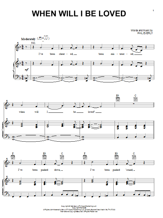 Linda Ronstadt When Will I Be Loved Sheet Music Notes & Chords for Piano, Vocal & Guitar (Right-Hand Melody) - Download or Print PDF