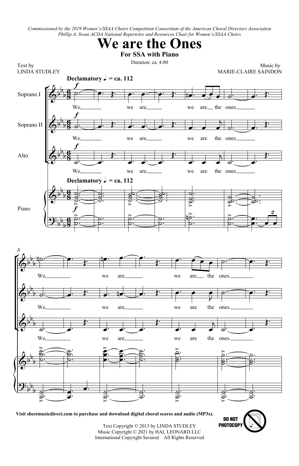 Linda Studley and Marie-Claire Saindon We Are The Ones Sheet Music Notes & Chords for SSA Choir - Download or Print PDF