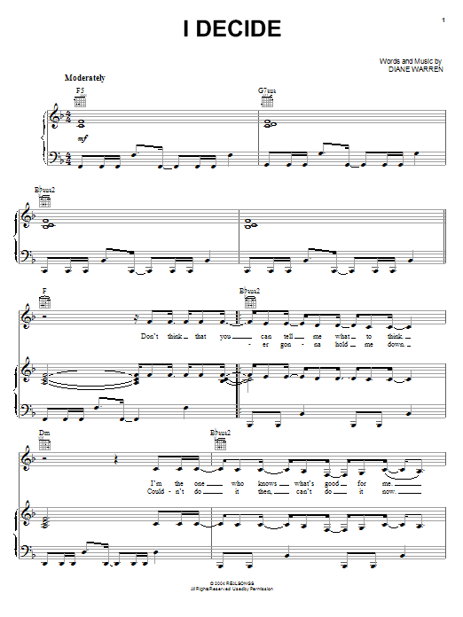 Lindsay Lohan I Decide Sheet Music Notes & Chords for Piano, Vocal & Guitar (Right-Hand Melody) - Download or Print PDF