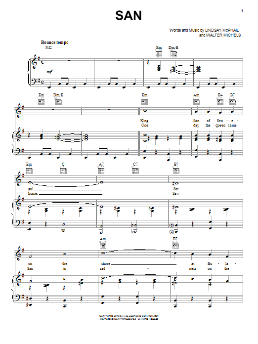 Lindsay McPhail San Sheet Music Notes & Chords for Piano, Vocal & Guitar (Right-Hand Melody) - Download or Print PDF