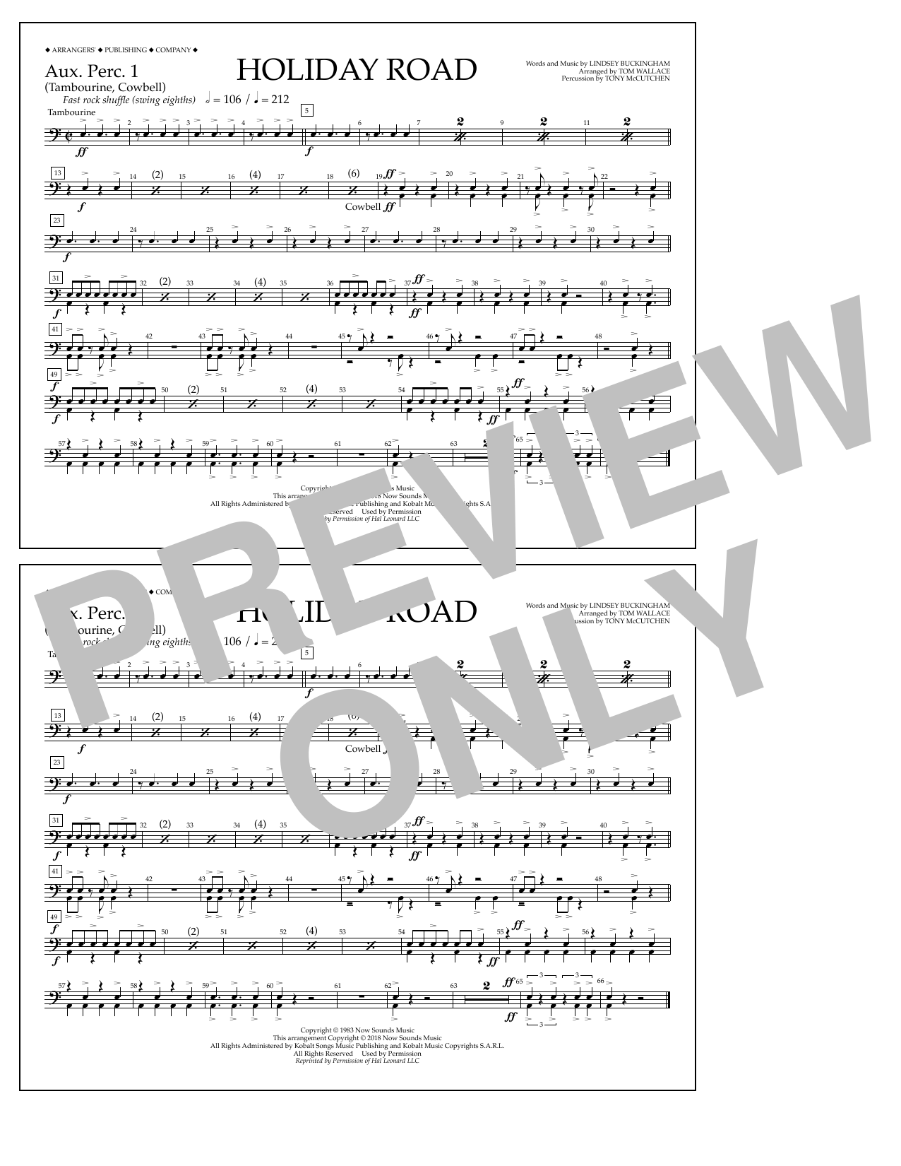 Lindsey Buckingham Holiday Road (from National Lampoon's Vacation) (arr. Tom Wallace) - Aux. Perc. 1 Sheet Music Notes & Chords for Marching Band - Download or Print PDF