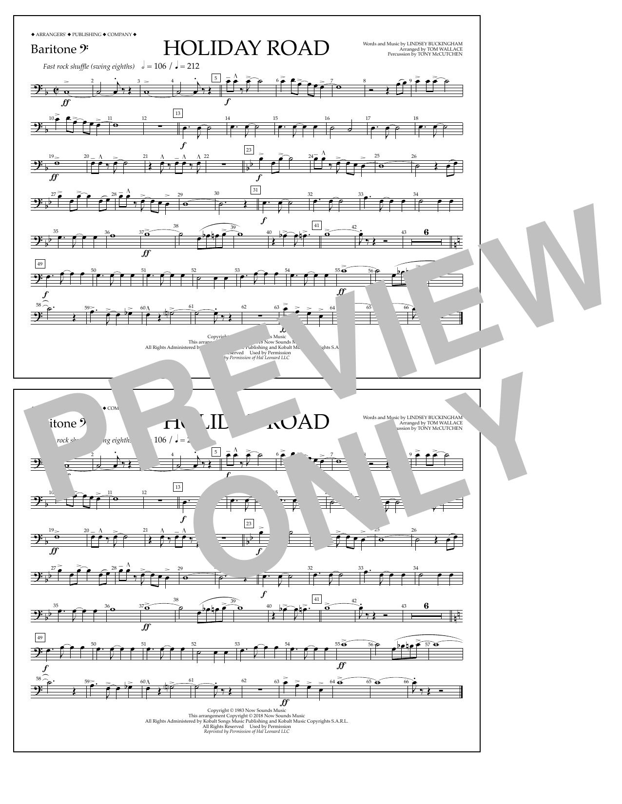 Lindsey Buckingham Holiday Road (from National Lampoon's Vacation) (arr. Tom Wallace) - Baritone B.C. Sheet Music Notes & Chords for Marching Band - Download or Print PDF