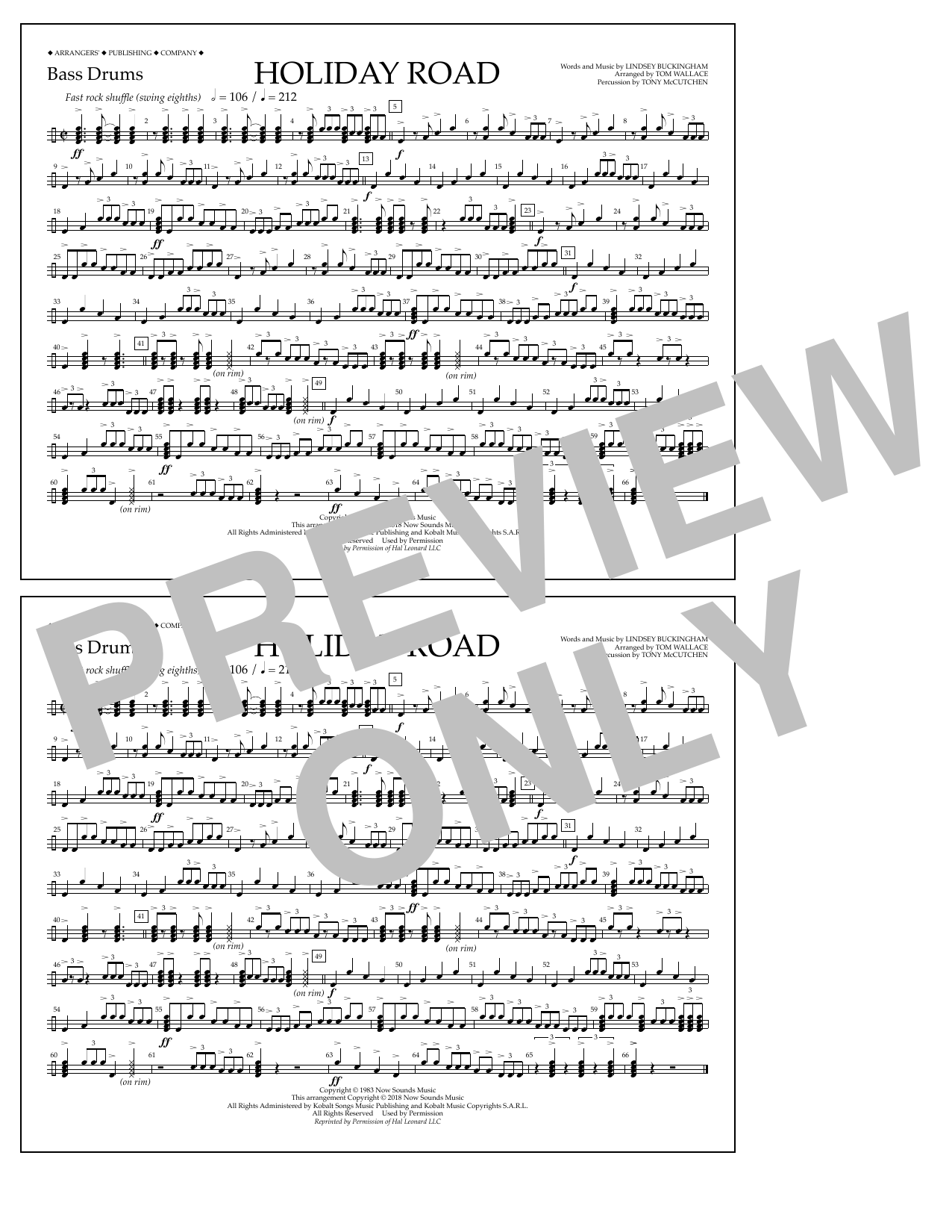 Lindsey Buckingham Holiday Road (from National Lampoon's Vacation) (arr. Tom Wallace) - Bass Drums Sheet Music Notes & Chords for Marching Band - Download or Print PDF
