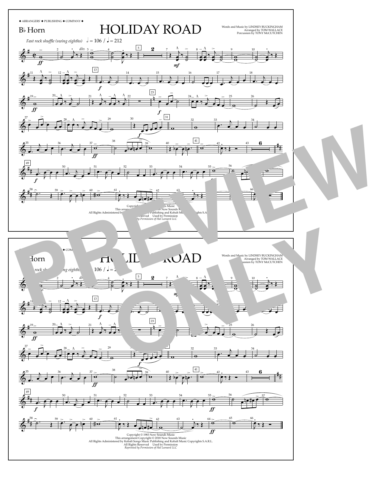 Lindsey Buckingham Holiday Road (from National Lampoon's Vacation) (arr. Tom Wallace) - Bb Horn Sheet Music Notes & Chords for Marching Band - Download or Print PDF